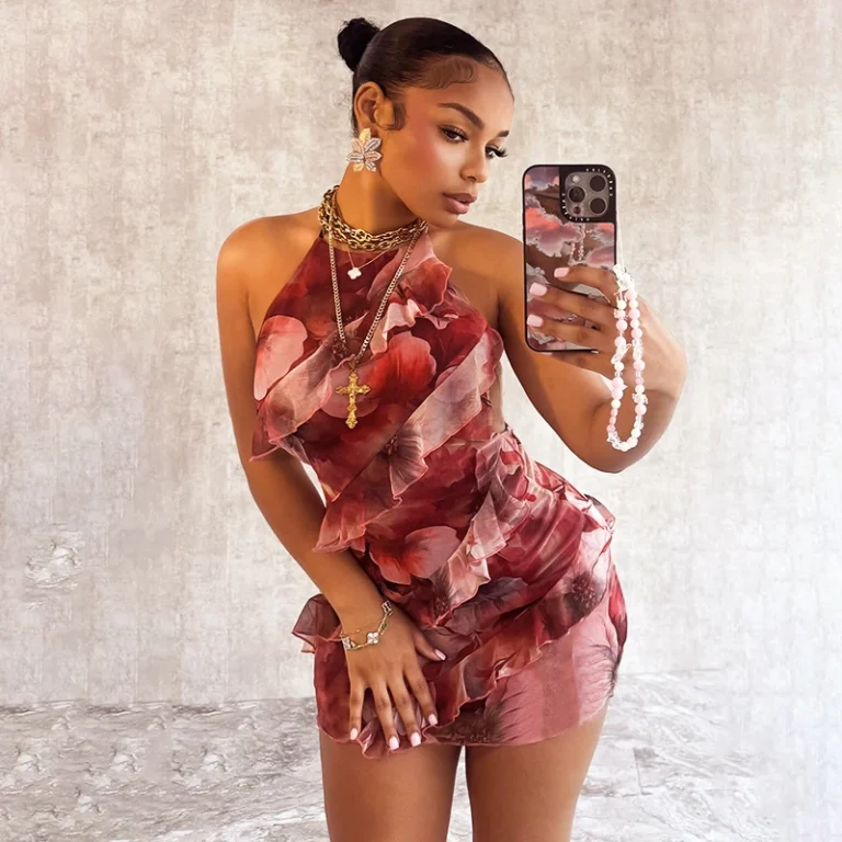 Floral Printing Ruffles Mini Dress Women Sexy Halter Backless
