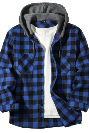 Men's Loose Plaid Hooded Shirt Large Size Fashion Casual Long sleeved Shirt Street StyleS-3XL 2