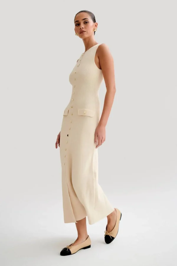 Elegant Lady Knitted Single Breasted Long Dresses Women Solid Sleeveless O Neck Button Bodycon 4