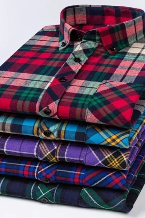 Autumn Thick Flannel Shirt Plaid Shirts Standard-Fit For Men Long Sleeve Pure Cotton Fashion Single Patch Pocket Design Young