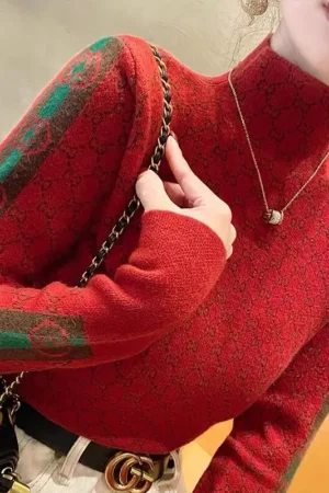 Elegant Fashion Letter Knit Pullover Autumn All-match Slim Long Sleeve Half High Collar Pullovers Lady Chic Top 2