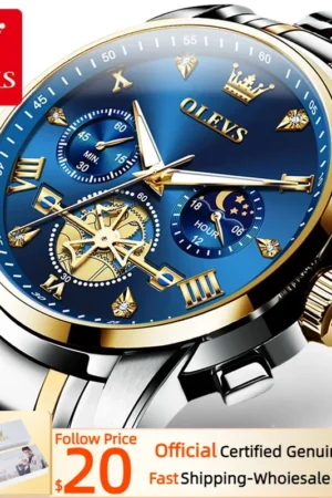 OLEVS 2856 Quartz Watch for Men Flywheel Skeleton Chronograph Stainless steel Men's Wristwatches