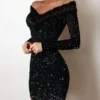 2025 New Spring Women's Fashion, Elegance, Leisure, Long sleeved Lace Edge, One Shoulder Silver Powder Sprinkled Dress 2