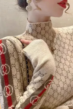 Elegant Fashion Letter Knit Pullover Autumn All-match Slim Long Sleeve Half High Collar Pullovers Lady Chic Top