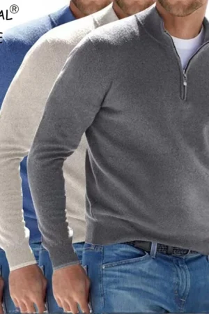 Autumn Men's Sweatwear Warm Pullover Solid Color Half Zipper Casual Sweater Slim V-neck Long Sleeve Men's Sweatshirts TheFashionFever