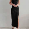 Sexy Black Long Bodycon Dress Women Summer Sleeveless Blackless Halter Neck Spaghetti Strap Dresses High Split Vestidos 6
