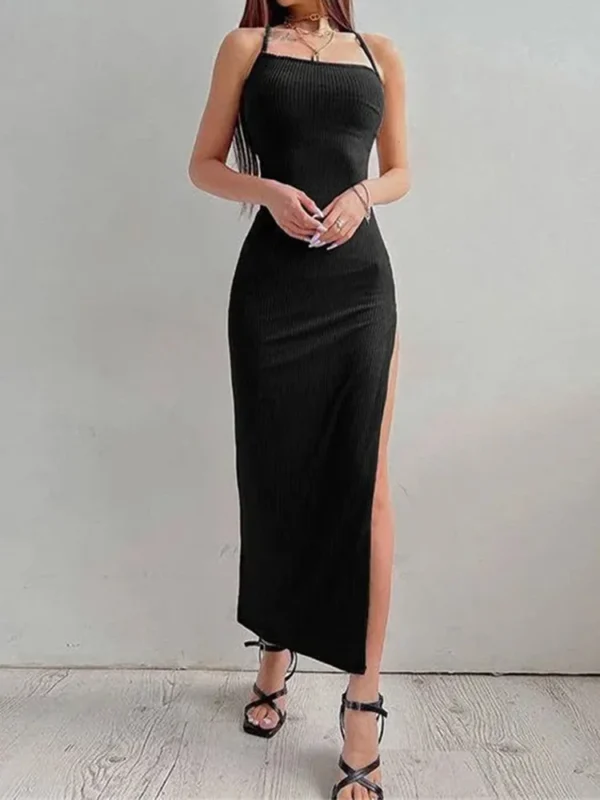 Sexy Black Long Bodycon Dress Women Summer Sleeveless Blackless Halter Neck Spaghetti Strap Dresses High Split Vestidos 6