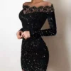 2025 New Spring Women's Fashion, Elegance, Leisure, Long sleeved Lace Edge, One Shoulder Silver Powder Sprinkled Dress 6