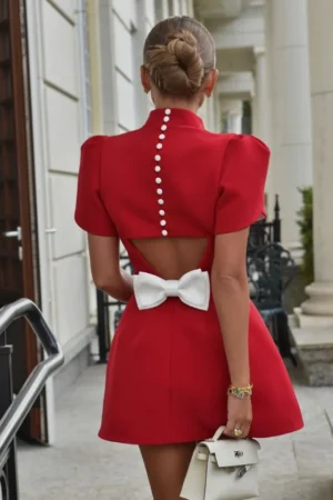 Elegant Women Luxury Formal Hollow Red O-neck Mini Dress