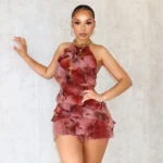 Floral Printing Ruffles Mini Dress Women Sexy Halter Backless 2