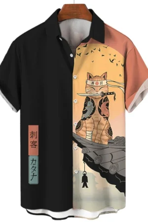 Cool Samurai Cat Tops Summer New Men's Clothing Casual Short-Sleeved Anime Loose Blouse Hawaiian Shirts 2