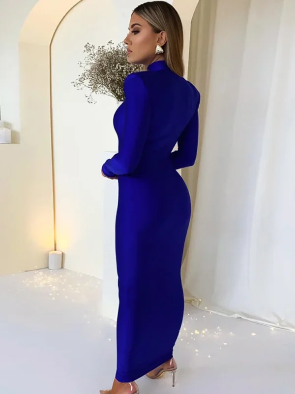 Shoulder Padded Long Sleeve Bodycon Maxi Long Dress 6