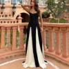 Sling Contrast Color Women's Dress V Neck Elegant Party Dress Fashion Pullover Patchwork Dress 2