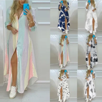 Boho Printed Long Shirts Dress Summer Turn-down Collar Long Sleeve Party Dress Female Casual Evening Maxi Dresses