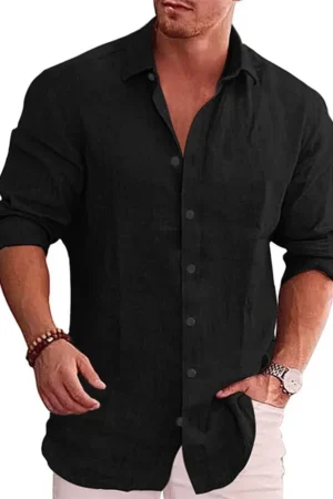 Cotton Linen Autumn Men's Long Sleeve Shirt Solid Color Casual Style Plus Size Men's Casual Linen Shirt 2