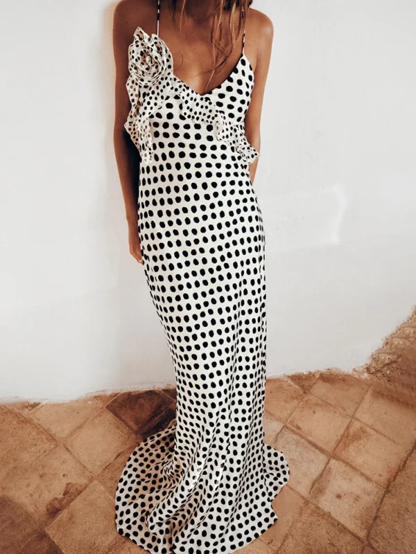 Backless Print Dots Flower Women Maxi Dress Spaghetti Strap Evening Dress