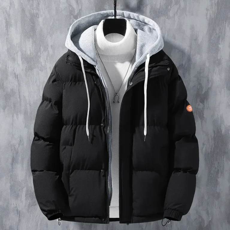 Winter Loose-fit Thickened Warm Cotton Coat Hood For Men Trendy Student Puffer Jacket Two-piece Illusion 2