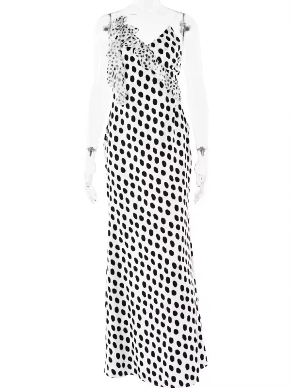 Backless Print Dots Flower Women Maxi Dress Spaghetti Strap Evening Dress 6