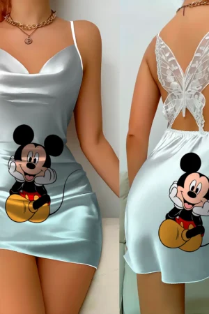 Mini Dress Pajama Skirt Bow Knot Party Dresses Satin Surface Minnie Mouse Disney Mickey