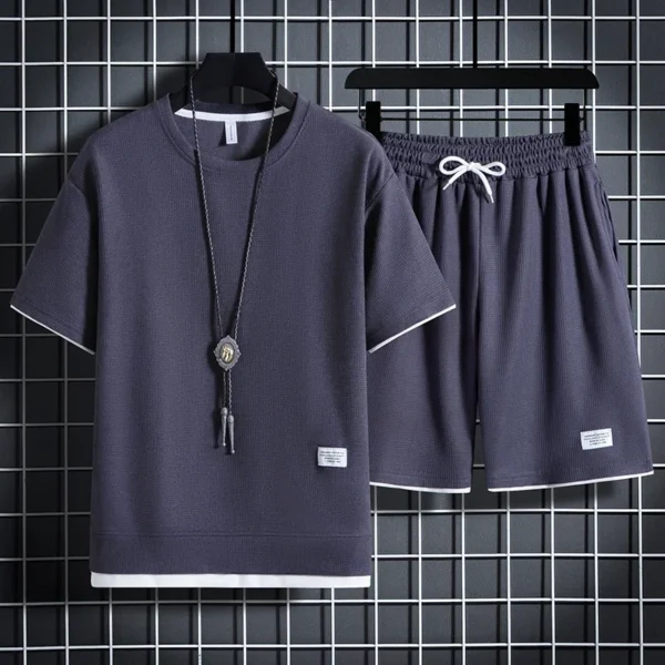 Men's new Waffle Summer Suit 2025 Casual T-shirt + Shorts 3