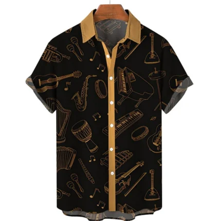 Hawaiian men's short-sleeved shirt dark gold musical instrument print men's lapel casual top