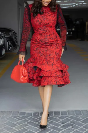 Spring Autumn Women Printed Dress Fashionable Round Neck Casual Women