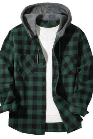 Men's Loose Plaid Hooded Shirt Large Size Fashion Casual Long sleeved Shirt Street StyleS-3XL