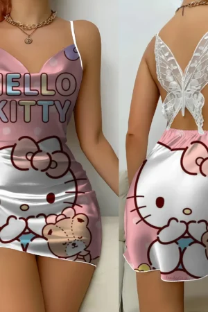 Mini Dress Pajama Skirt Hello Kitty Sexy Dresses Off Shoulder Bow Knot Satin Surface Womens