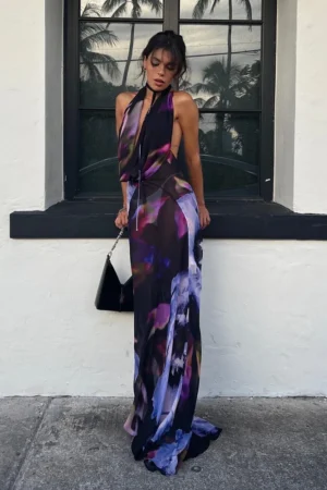 Backless Maxi Dress Women Sexy Purple Print Halter Bodycon Dress Summer Beach Dress 2025