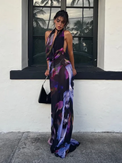 Backless Maxi Dress Women Sexy Purple Print Halter Bodycon Dress Summer Beach Dress 2025