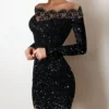 2025 New Spring Women's Fashion, Elegance, Leisure, Long sleeved Lace Edge, One Shoulder Silver Powder Sprinkled Dress 5