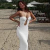 Strapless Cut Out Bodycon Maxi Dress Women Off Shoulder Backless Solid White Sundress 2