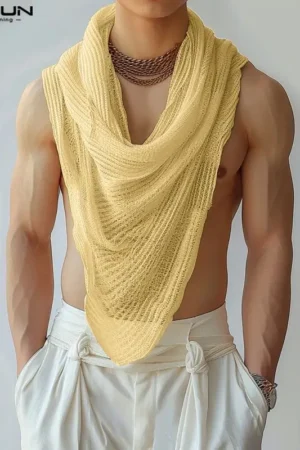 TheFashionFever Men Irregular Tank Tops Solid Color Turtleneck Sleeveless Transparent Vests Summer Streetwear 2025 2