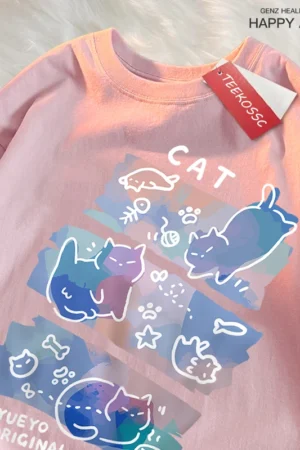 Fun Mischievous Cat Print Japanese Style T-Shirts Men 2