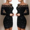2025 New Spring Women's Fashion, Elegance, Leisure, Long sleeved Lace Edge, One Shoulder Silver Powder Sprinkled Dress