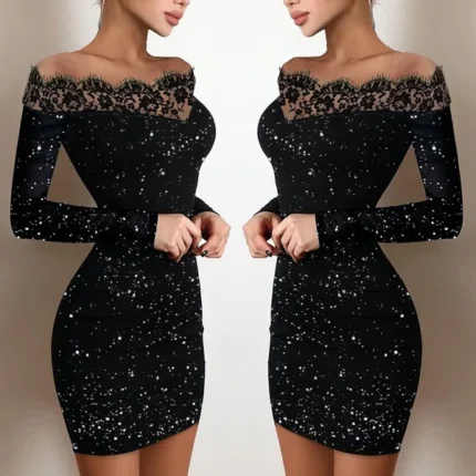 2025 New Spring Women's Fashion, Elegance, Leisure, Long sleeved Lace Edge, One Shoulder Silver Powder Sprinkled Dress