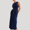 Elegant Lady Knitted Single Breasted Long Dresses Women Solid Sleeveless O Neck Button Bodycon 3
