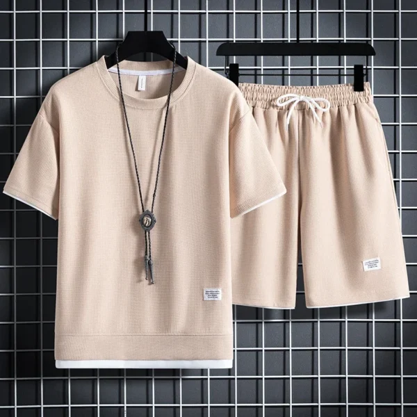 Men's new Waffle Summer Suit 2025 Casual T-shirt + Shorts