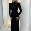 Shoulder Padded Long Sleeve Bodycon Maxi Long Dress 3