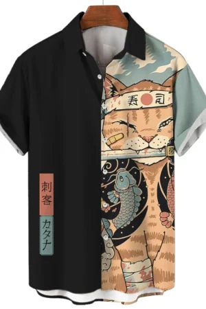 Cool Samurai Cat Tops Summer New Men's Clothing Casual Short-Sleeved Anime Loose Blouse Hawaiian Shirts