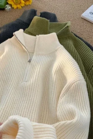 Autumn Winter Half Zipper Sweater for Men Knitted Thickened Vintage Solid Color Comfortable
