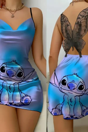 Mini Dress Disney Stitch Pajama Skirt Satin Surface Womens Fashion Summer 2024 Sexy Lace Backless Disney