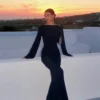Fashion Women Wrapped Dress Long Sleeve Round Neck See Through Sunscreen Solid Color Backless Beach Long Dress