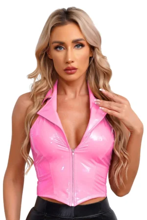 Women Latex Leather Halter Camisole Party Glossy Leather