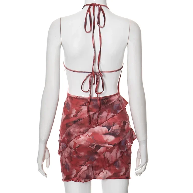 Floral Printing Ruffles Mini Dress Women Sexy Halter Backless 6