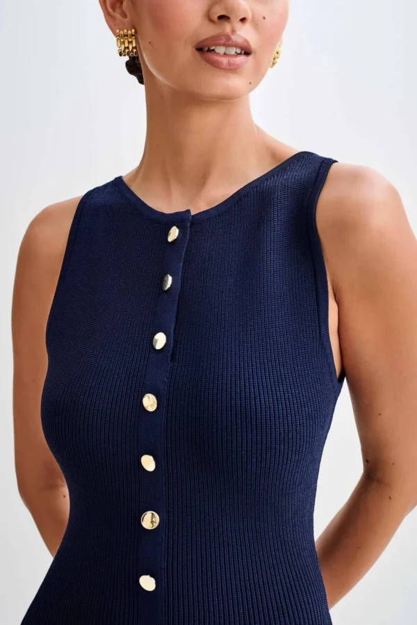 Elegant Lady Knitted Single Breasted Long Dresses Women Solid Sleeveless O Neck Button Bodycon 6