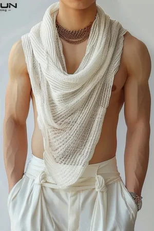 TheFashionFever Men Irregular Tank Tops Solid Color Turtleneck Sleeveless Transparent Vests Summer Streetwear 2025