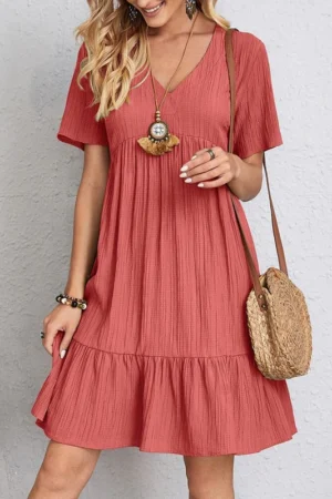 Summer Solid Dress Women Casual Bohemian V Neck Short Sleeve Ruffles Loose A Line Mini Dress
