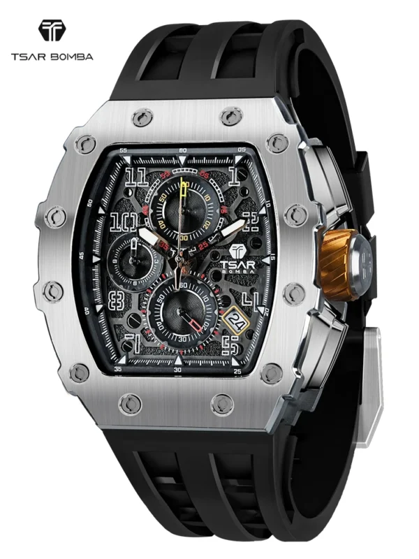 TSAR BOMBA Watch for Men Luxury Brand Tonneau Design Waterproof Clock Stainless Steel Wristwatch
