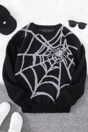 Autumn and Winter Spider Web Jacquard Pattern Pullover Sweater Casual Round Neck Knitted Men's Pullover